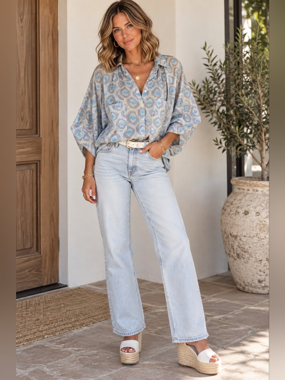 Anniewear Light Blues & Cream Color Blouse with Dolman Sleeves Size Medium